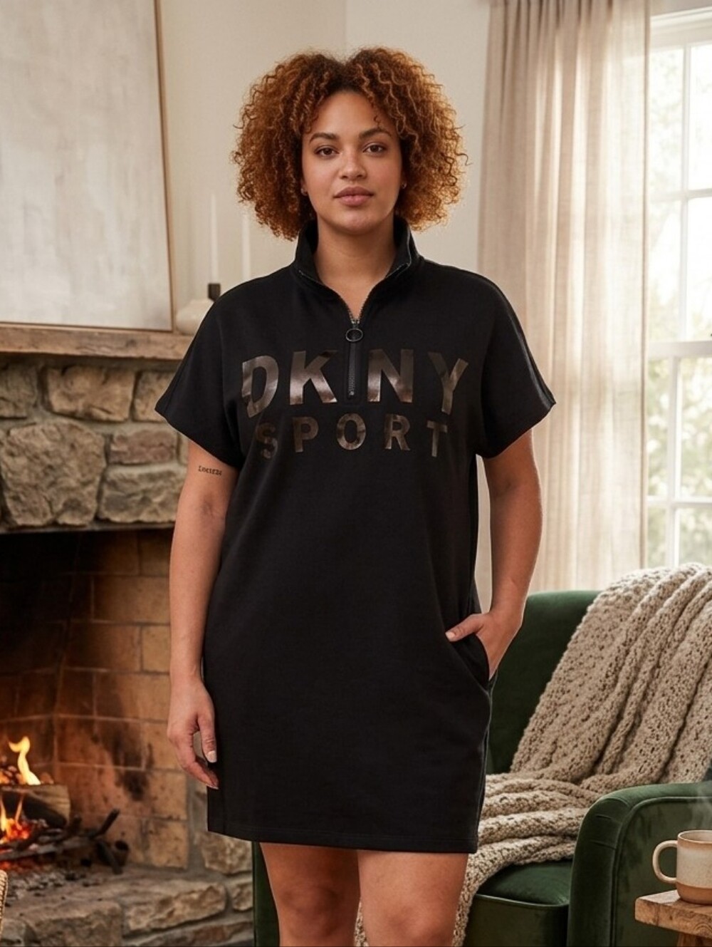 DKNY Black  Short Sleeve Sweatshirt Dress Side Pockets